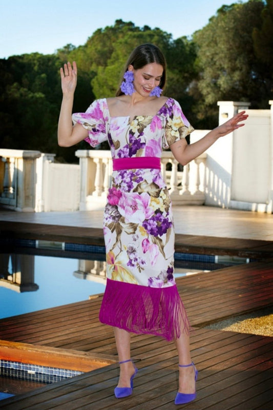 Vestido de fiesta estampado flecos